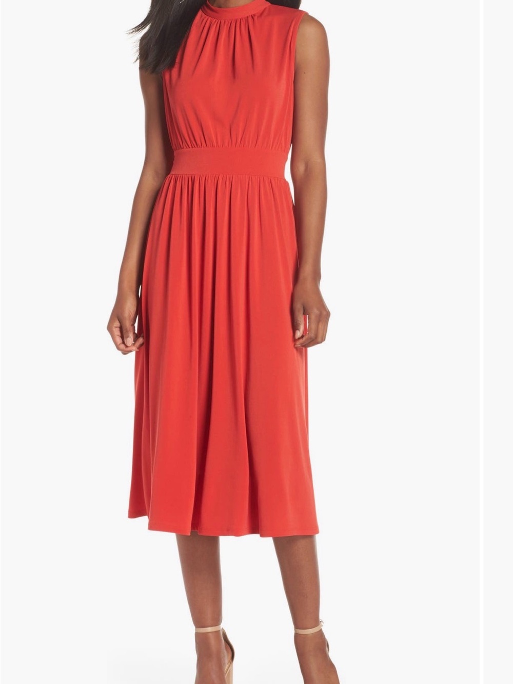 Leota Red Sleeveless Midi Dress with Defined Waistband